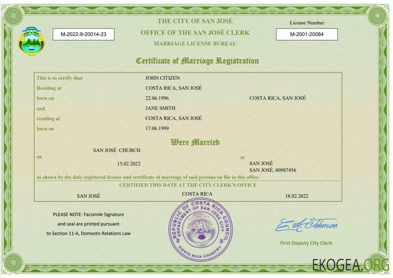 Modèle Word et PDF d'acte de mariage au Costa Rica